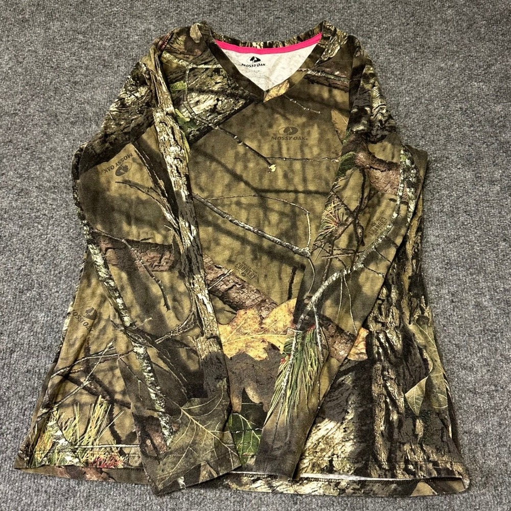Mossy Oak Shirt Womens Size L Green Camouflage Long Sleeve V-Neck Outdoor Casual
